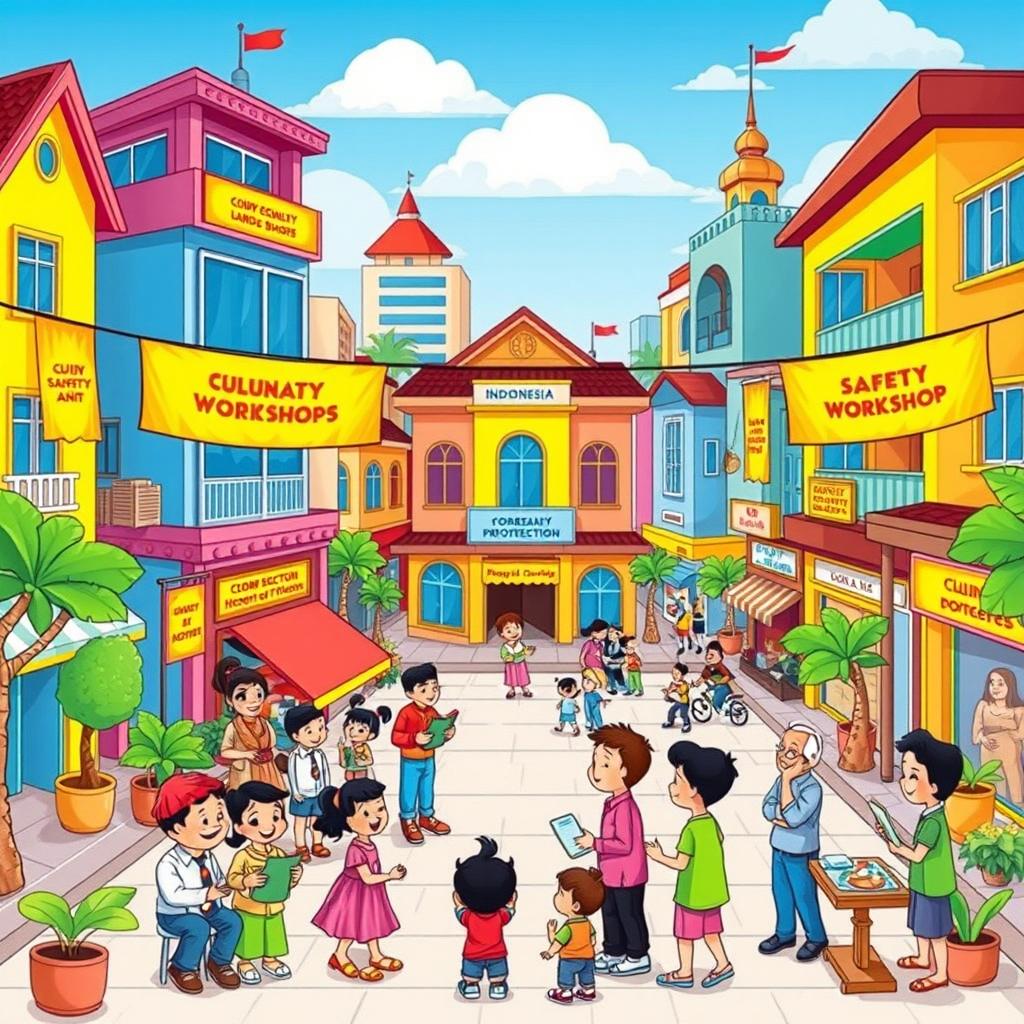 A colorful cartoon illustration of an Indonesian city scene focused on community guidance for child protection, featuring vibrant buildings inspired by traditional Indonesian architecture