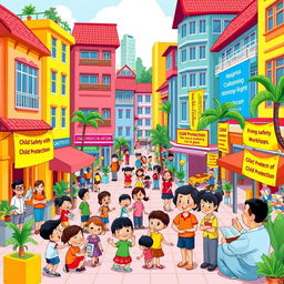 A colorful cartoon illustration of an Indonesian city scene focused on community guidance for child protection, featuring vibrant buildings inspired by traditional Indonesian architecture