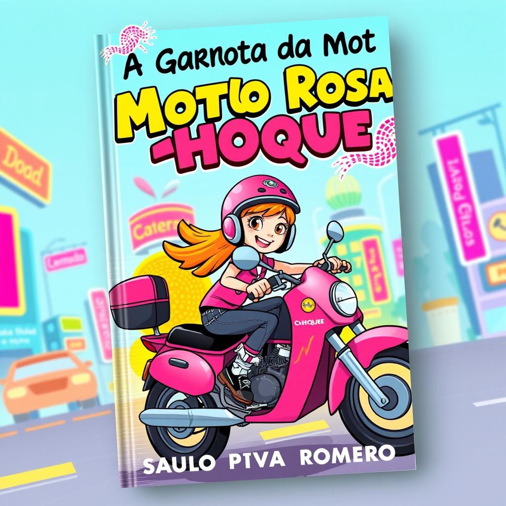 A colorful and dynamic book cover for 'A Garota da Moto Rosa – Choque' by Saulo Piva Romero, designed for a children's and young adult audience