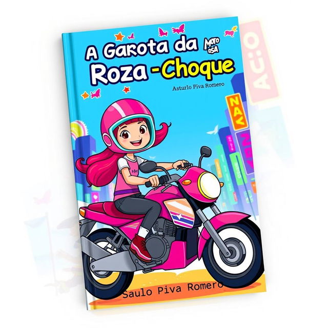 A colorful and dynamic book cover for 'A Garota da Moto Rosa – Choque' by Saulo Piva Romero, designed for a children's and young adult audience