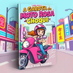 A colorful and dynamic book cover for 'A Garota da Moto Rosa – Choque' by Saulo Piva Romero, designed for a children's and young adult audience