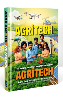 A vibrant and engaging book cover design showcasing innovative agritech entrepreneurs working in various fields of agriculture technology
