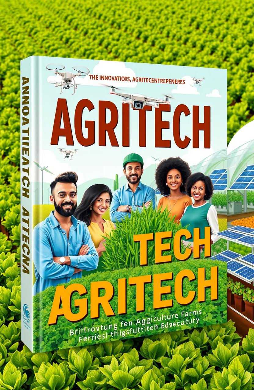 A vibrant and engaging book cover design showcasing innovative agritech entrepreneurs working in various fields of agriculture technology