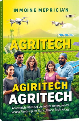 A vibrant and engaging book cover design showcasing innovative agritech entrepreneurs working in various fields of agriculture technology