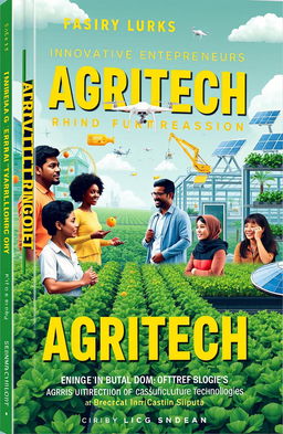 A vibrant and engaging book cover design showcasing innovative agritech entrepreneurs working in various fields of agriculture technology