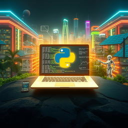 A futuristic digital technology landscape featuring a Python programming interface prominently displayed on a sleek laptop
