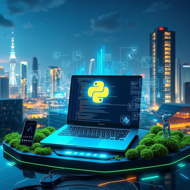 A futuristic digital technology landscape featuring a Python programming interface prominently displayed on a sleek laptop