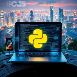 A futuristic digital technology landscape featuring a Python programming interface prominently displayed on a sleek laptop