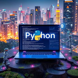 A futuristic digital technology landscape featuring a Python programming interface prominently displayed on a sleek laptop