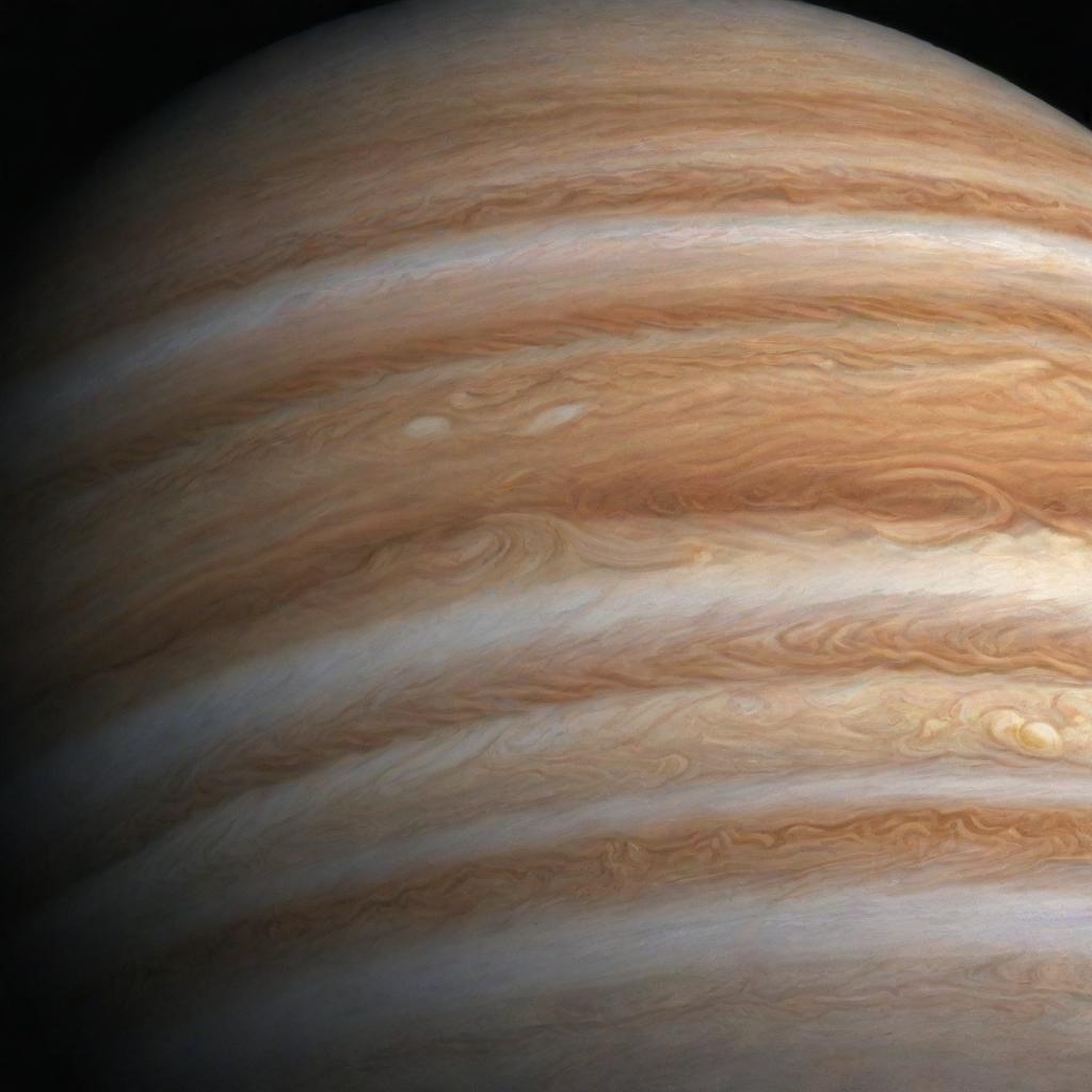 Visualize Jupiter, the largest planet in our solar system with its familiar brown-orange thick bands of atmosphere, swirled by massive storms including the iconic Great Red Spot