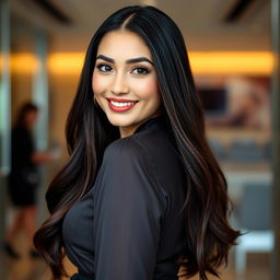A beautiful Central Asian woman with a heart-shaped face and slightly chubby cheeks, showcasing a charming sweet smile