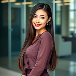 A beautiful Central Asian woman with a heart-shaped face and slightly chubby cheeks, showcasing a charming sweet smile