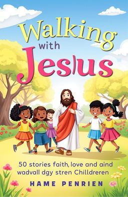 A heartwarming book cover design for 'Walking with Jesus: 50 Stories of Faith, Love, and Kindness for Today's Children'