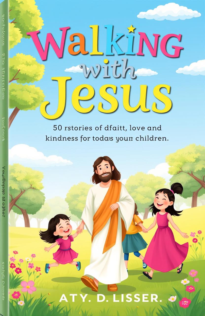 A heartwarming book cover design for 'Walking with Jesus: 50 Stories of Faith, Love, and Kindness for Today's Children'