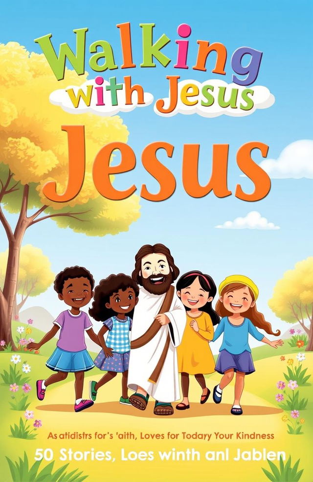 A heartwarming book cover design for 'Walking with Jesus: 50 Stories of Faith, Love, and Kindness for Today's Children'