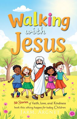 A heartwarming book cover design for 'Walking with Jesus: 50 Stories of Faith, Love, and Kindness for Today's Children'