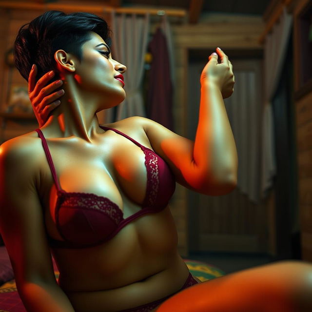 Sensual scene featuring a woman inspired by Nushrat Bharucha as a college girl, dressed in sexy lingerie and striking red lipstick, showcasing her navel and cleavage