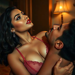 Sensual scene featuring a woman inspired by Nushrat Bharucha as a college girl, dressed in sexy lingerie and striking red lipstick, showcasing her navel and cleavage