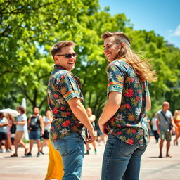 A comical and light-hearted scene in a bustling city park where a man playfully slaps a woman on the butt, both laughing joyfully