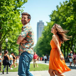 A comical and light-hearted scene in a bustling city park where a man playfully slaps a woman on the butt, both laughing joyfully