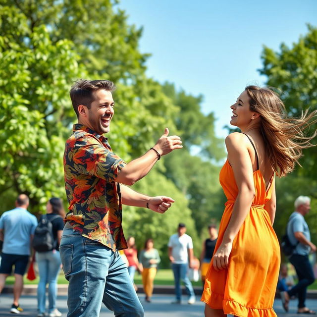 A comical and light-hearted scene in a bustling city park where a man playfully slaps a woman on the butt, both laughing joyfully