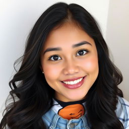 A beautiful Indonesian woman with a round face and bright skin, featuring captivating black eyes that sparkle with joy