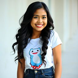 A beautiful Indonesian woman with a round face and bright skin, featuring captivating black eyes that sparkle with joy