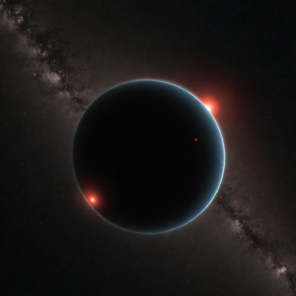 Visualise the exoplanet TrES-2b, the darkest known planet which absorbs nearly all light, appearing as a black sphere with a faint red glow emanating against the vast cosmos