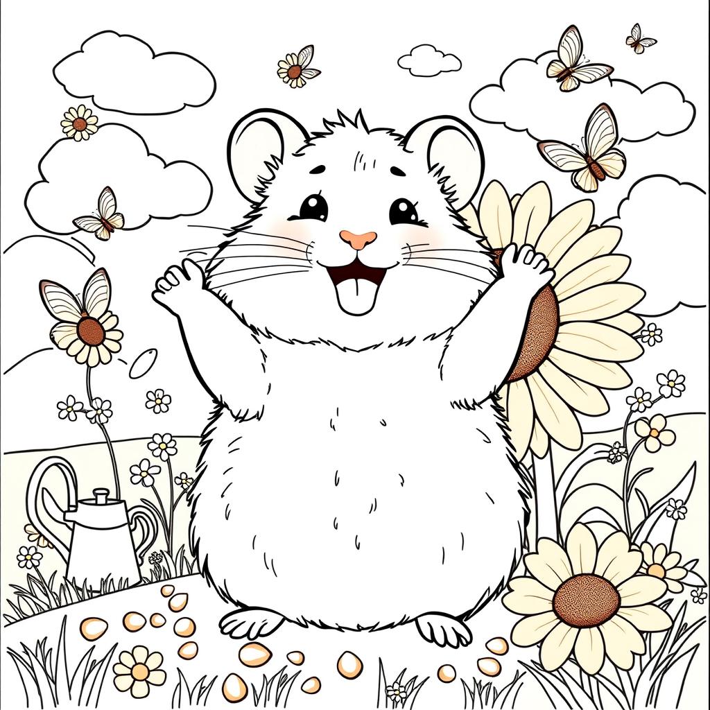 A delightful hamster coloring book page featuring an adorable, fluffy hamster sitting on a sunflower with a big smile