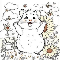 A delightful hamster coloring book page featuring an adorable, fluffy hamster sitting on a sunflower with a big smile