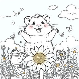 A delightful hamster coloring book page featuring an adorable, fluffy hamster sitting on a sunflower with a big smile