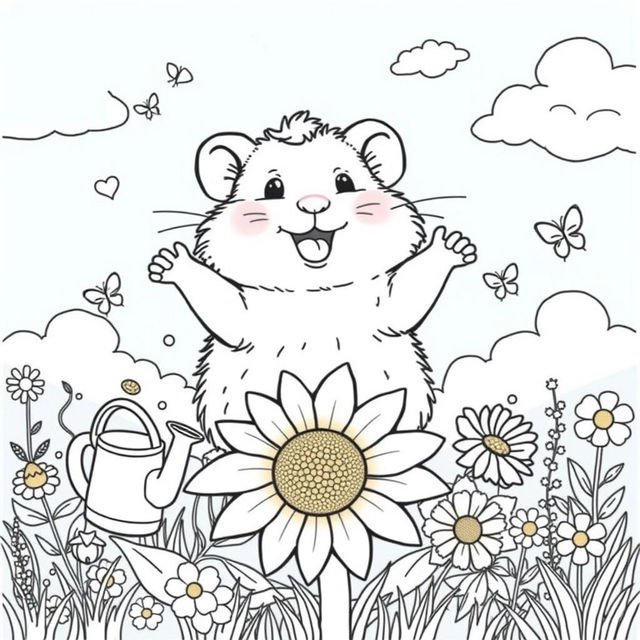 A delightful hamster coloring book page featuring an adorable, fluffy hamster sitting on a sunflower with a big smile