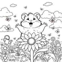 A delightful hamster coloring book page featuring an adorable, fluffy hamster sitting on a sunflower with a big smile