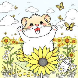 A delightful hamster coloring book page featuring an adorable, fluffy hamster sitting on a sunflower with a big smile