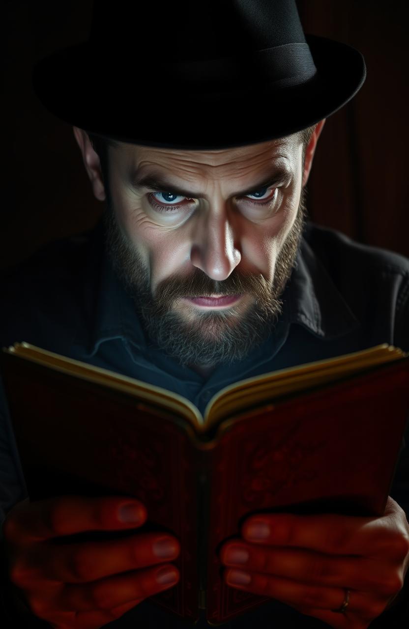 A suspicious-looking man intensely gazing at a mysterious diary, set in a dimly lit room filled with shadows