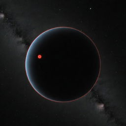 Visualise the exoplanet TrES-2b, the darkest known planet which absorbs nearly all light, appearing as a black sphere with a faint red glow emanating against the vast cosmos