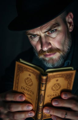 A suspicious-looking man intensely gazing at a mysterious diary, set in a dimly lit room filled with shadows