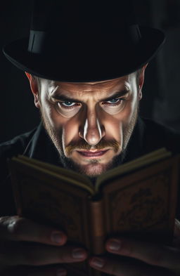 A suspicious-looking man intensely gazing at a mysterious diary, set in a dimly lit room filled with shadows