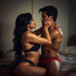 Sensual scene featuring a woman inspired by Nushrat Bharucha as a college girl, dressed in sexy lingerie and striking red lipstick, engaged in a passionate moment with a man in a modest lodge in India