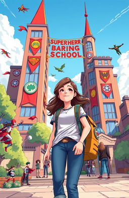 A vibrant illustration of a teenage girl arriving at a superhero boarding school, surrounded by tall, imaginative buildings with colorful banners and emblems representing various superheroes