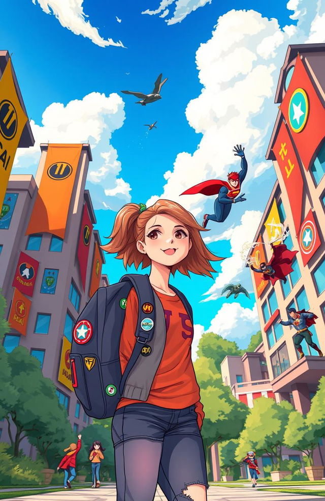 A vibrant illustration of a teenage girl arriving at a superhero boarding school, surrounded by tall, imaginative buildings with colorful banners and emblems representing various superheroes