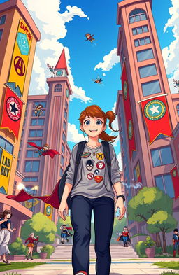 A vibrant illustration of a teenage girl arriving at a superhero boarding school, surrounded by tall, imaginative buildings with colorful banners and emblems representing various superheroes