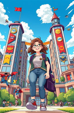 A vibrant illustration of a teenage girl arriving at a superhero boarding school, surrounded by tall, imaginative buildings with colorful banners and emblems representing various superheroes