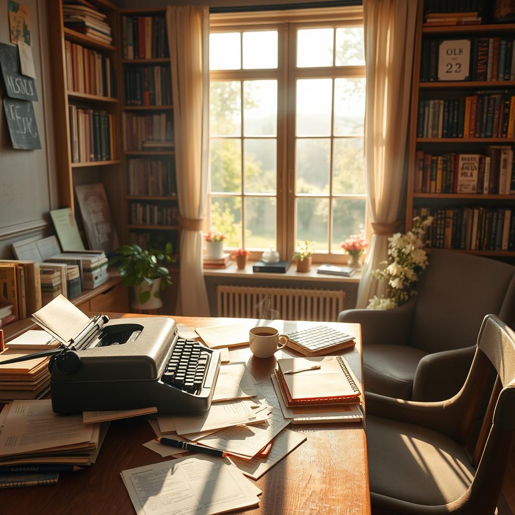 A cozy writing space filled with warm light, featuring a vintage wooden desk overflowing with papers and notebooks, a typewriter sitting prominently on the desk