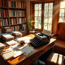 A cozy writing space filled with warm light, featuring a vintage wooden desk overflowing with papers and notebooks, a typewriter sitting prominently on the desk