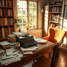 A cozy writing space filled with warm light, featuring a vintage wooden desk overflowing with papers and notebooks, a typewriter sitting prominently on the desk
