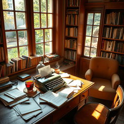 A cozy writing space filled with warm light, featuring a vintage wooden desk overflowing with papers and notebooks, a typewriter sitting prominently on the desk
