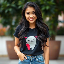 A beautiful Central Asian woman with a round face and bright skin, featuring captivating black eyes that sparkle with joy
