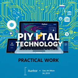 A visually striking cover page design for 'Digital Technology Practical Work' featuring a prominent Python programming interface
