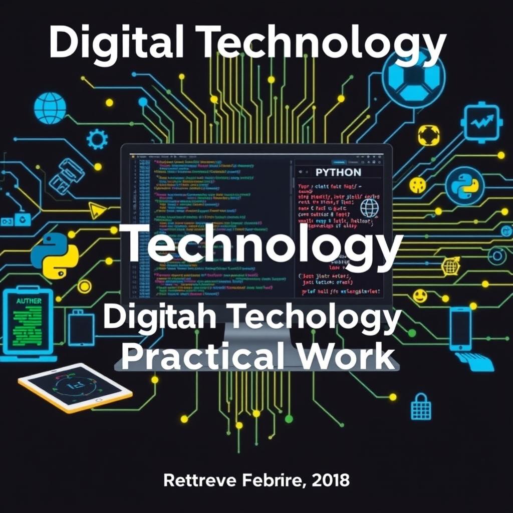 A visually striking cover page design for 'Digital Technology Practical Work' featuring a prominent Python programming interface